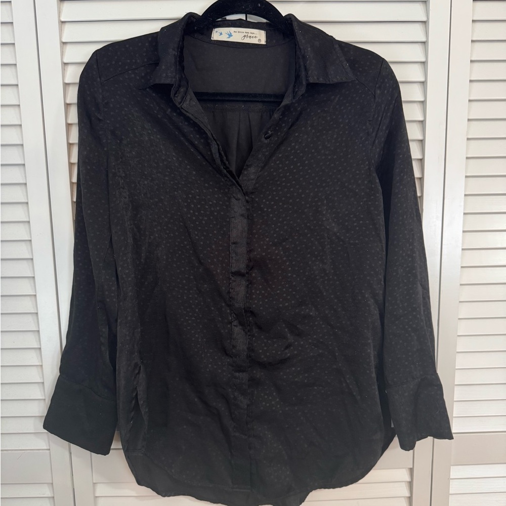 Boutique Black Silky Button Up Polka Dot Blouse